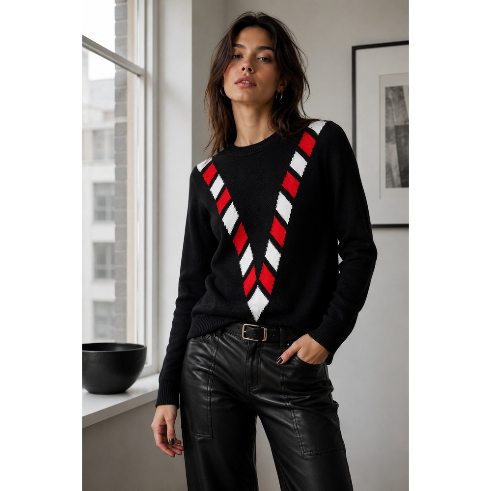 Victor Glemaud Sweater Women Medium Black Red White Intarsia Knit Preppy Chic